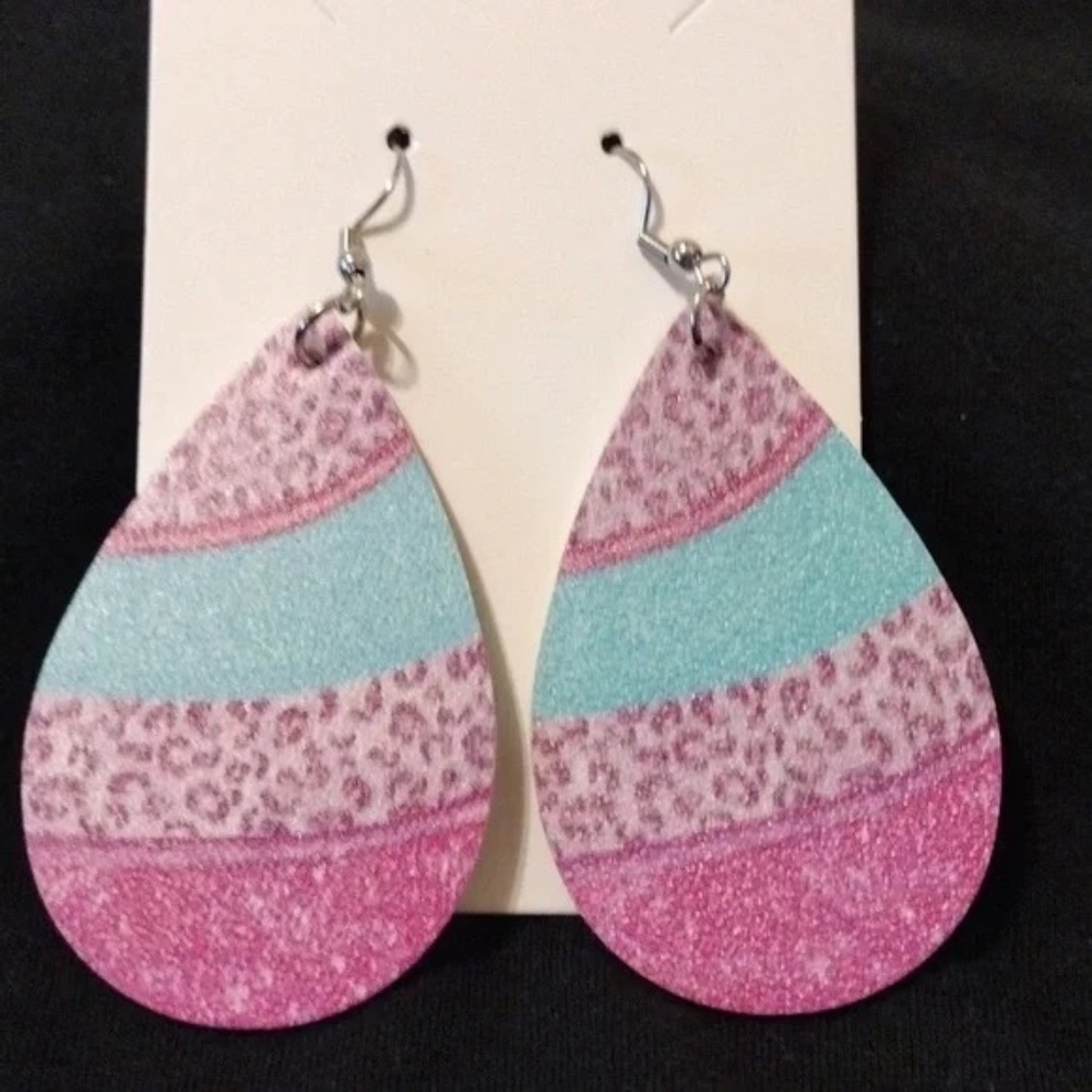 Water Drop 2-Sided Pink Striped Faux Leather Earrings New